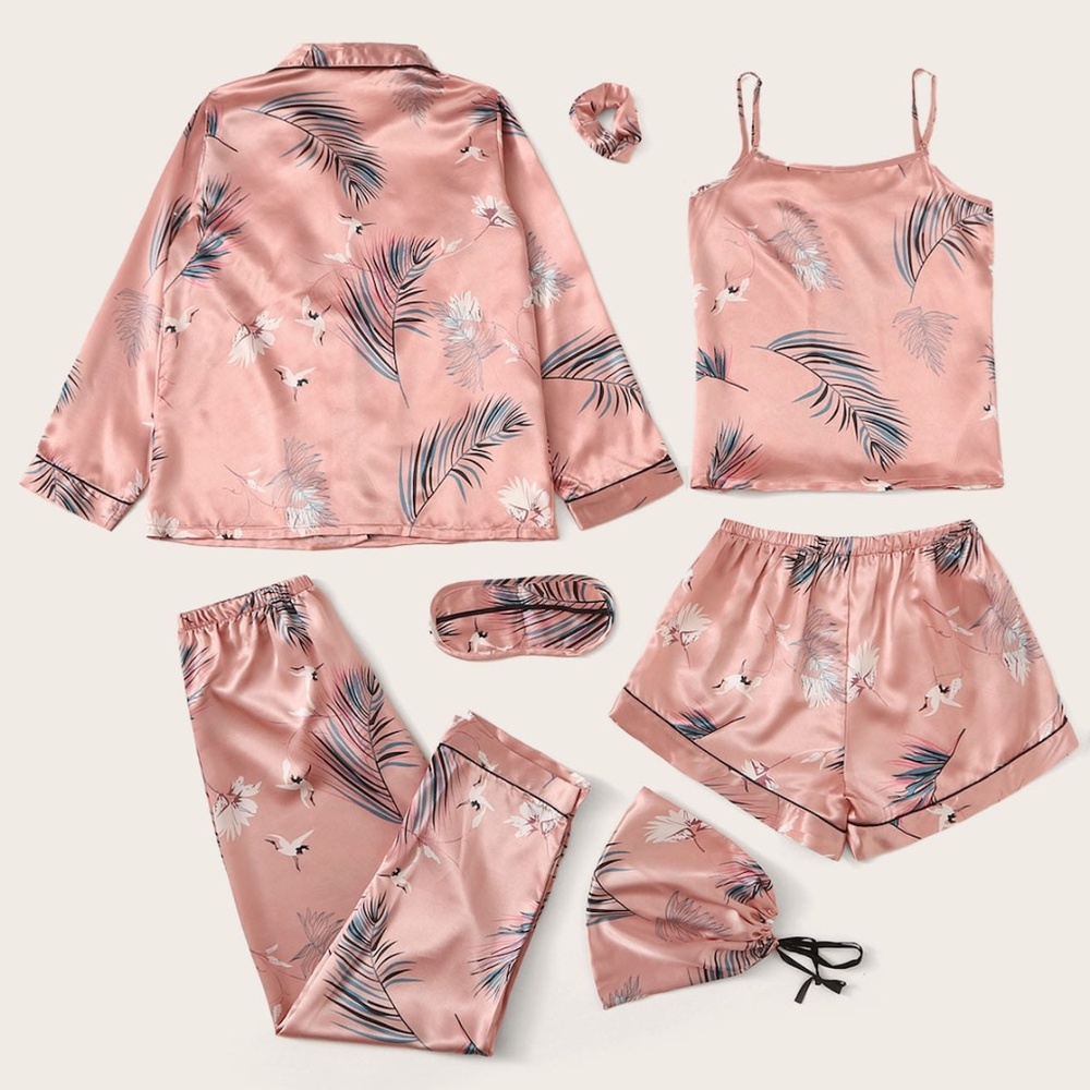 7 Piece Satin Pajama Set in Pink - Picture 2 of 16